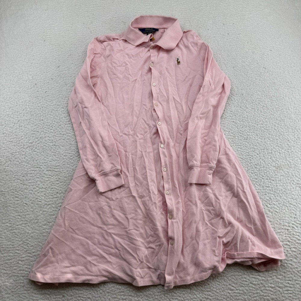 Polo Ralph Lauren Long Sleeve Button Dress Girls XL (16) Pink Flesh Pony Cotton